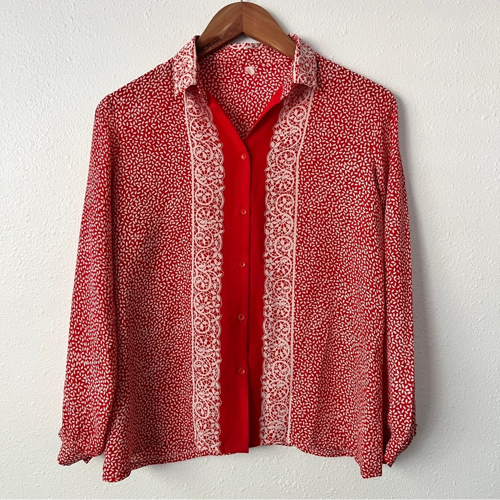 Vintage Chiffon Red Leaf Print White Full Sleeve Blouse